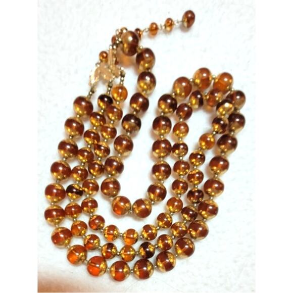 Vintage Signed Japan Electroplated Edge Amber Beaded Necklace Lucite 2 Strand - Picture 2 of 7